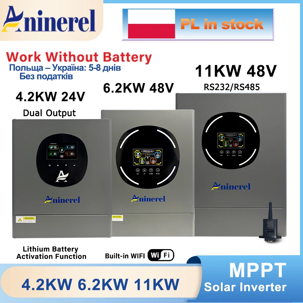 Aninerel 4.2KW 6.2kw 11KW 24V 48V Hybrid Solar Inverter Dual Output Color LCD Display MPPT 100A 120A PV500VDC With WiFi EU stock
Aninerel 4.2KW 6.2kw 11KW 24V 48V Hybrid Solar Inverter Dual Output Color LCD Display MPPT 100A 120A PV500VDC With WiFi EU stock