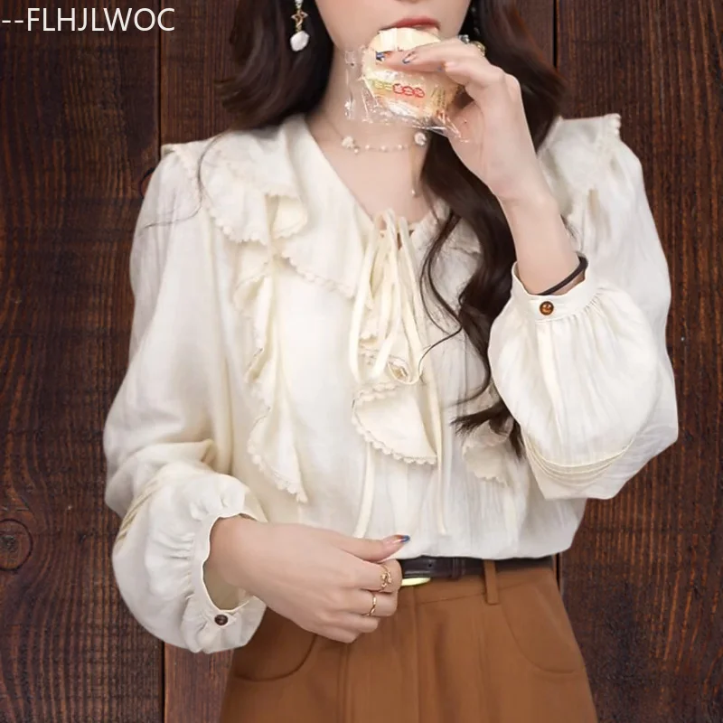 Hot Sales Bow Tie Ruffles Tops Blusas 2025 Cute Sweet Girls Chic Korea Fashion Clothes Solid Cotton Blends Women Shirts Blouses 
Hot Sales Bow Tie Ruffles Tops Blusas 2025 Cute Sweet Girls Chic Korea Fashion Clothes Solid Cotton Blends Women Shirts Blouses