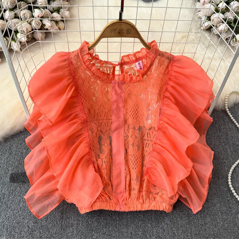 Summer New High-End French Style Shirt For Women With Ruffled Edges, Hook And Flower Splicing, Hollowed Out Stand Up Collar,
Summer New High-End French Style Shirt For Women With Ruffled Edges, Hook And Flower Splicing, Hollowed Out Stand Up Collar,