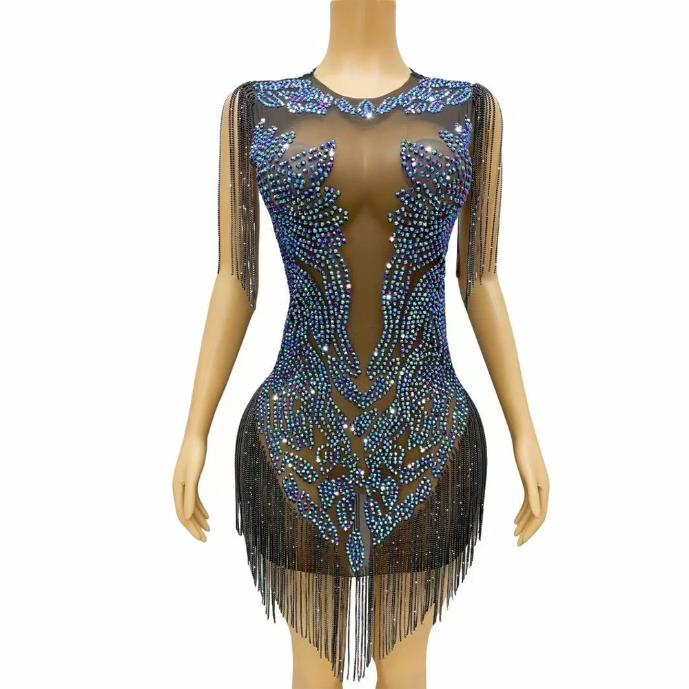 Sexy Special Sparkly Blue Rhinestones Crystals Chain Mesh Dress Women Birthday Party Singer Dancer Stage Performance Costume
Sexy Special Sparkly Blue Rhinestones Crystals Chain Mesh Dress Women Birthday Party Singer Dancer Stage Performance Costume