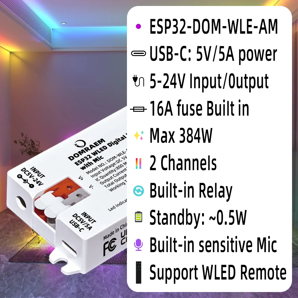 Контроллер синхронизации музыки DOMRAEM DIY WLED (ESP32) — Plug & Play USB-C для адресных светодиодных лент WS2812B/WS2815/SK6812/TM1814/APA102
Контроллер синхронизации музыки DOMRAEM DIY WLED (ESP32) — Plug & Play USB-C для адресных светодиодных лент WS2812B/WS2815/SK6812/TM1814/APA102