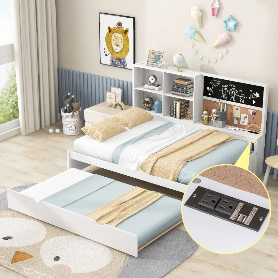 Full Size Daybed with Storage Shelves Blackboard Cork board USB Ports and Twin Size Trundle White
Full Size Daybed with Storage Shelves Blackboard Cork board USB Ports and Twin Size Trundle White