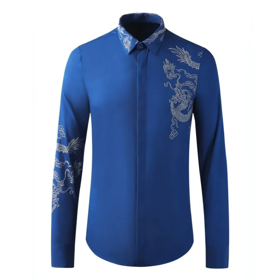 Рубашки с вышивкой в китайском стиле, мужская модная классическая рубашка с длинным рукавом, тонкие деловые рубашки для банкета, вечеринки, певицы
Рубашки с вышивкой в китайском стиле, мужская модная классическая рубашка с длинным рукавом, тонкие деловые рубашки для банкета, вечеринки, певицы