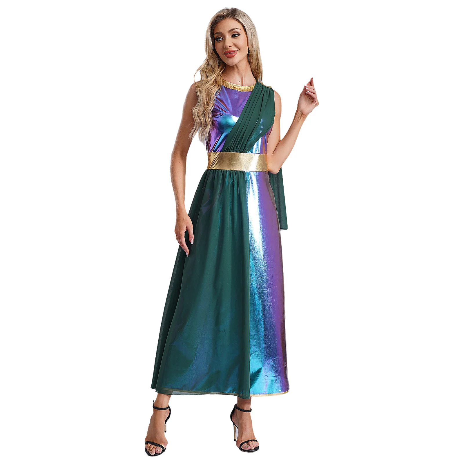 Womens Greek Queen Costume Shiny Metallic Golden Patchwork Sleeveless Tunic Dress Roman Empress Cosplay Fancy Dress Toga Robe
Womens Greek Queen Costume Shiny Metallic Golden Patchwork Sleeveless Tunic Dress Roman Empress Cosplay Fancy Dress Toga Robe