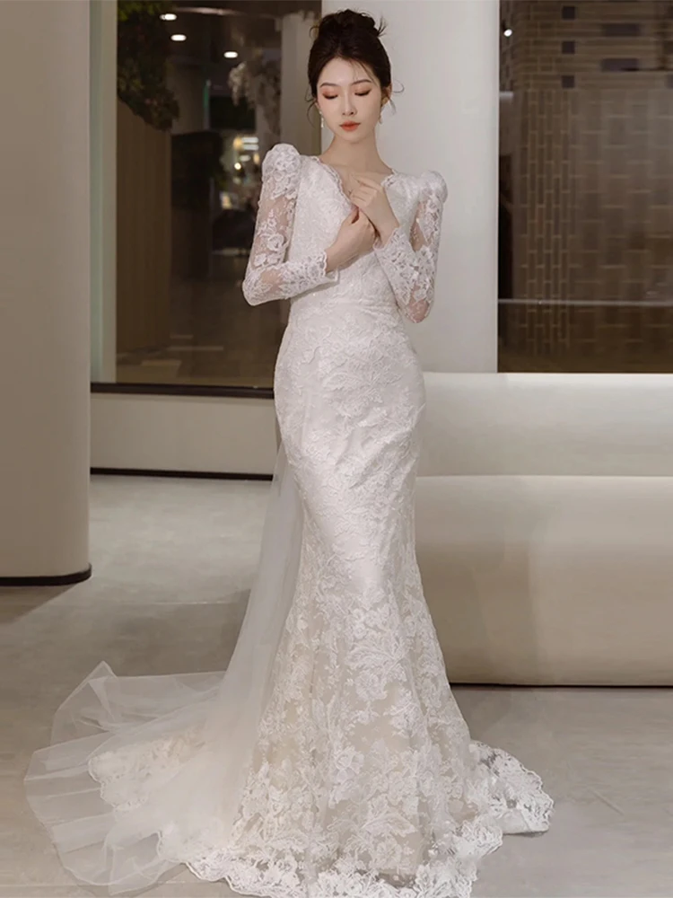 Lace Slim Fit Long Sve Wedding Dr Winter Ele Fi Tail out Door Gown Small Train Evening Gown Faionable V Ne
Lace Slim Fit Long Sve Wedding Dr Winter Ele Fi Tail out Door Gown Small Train Evening Gown Faionable V Ne