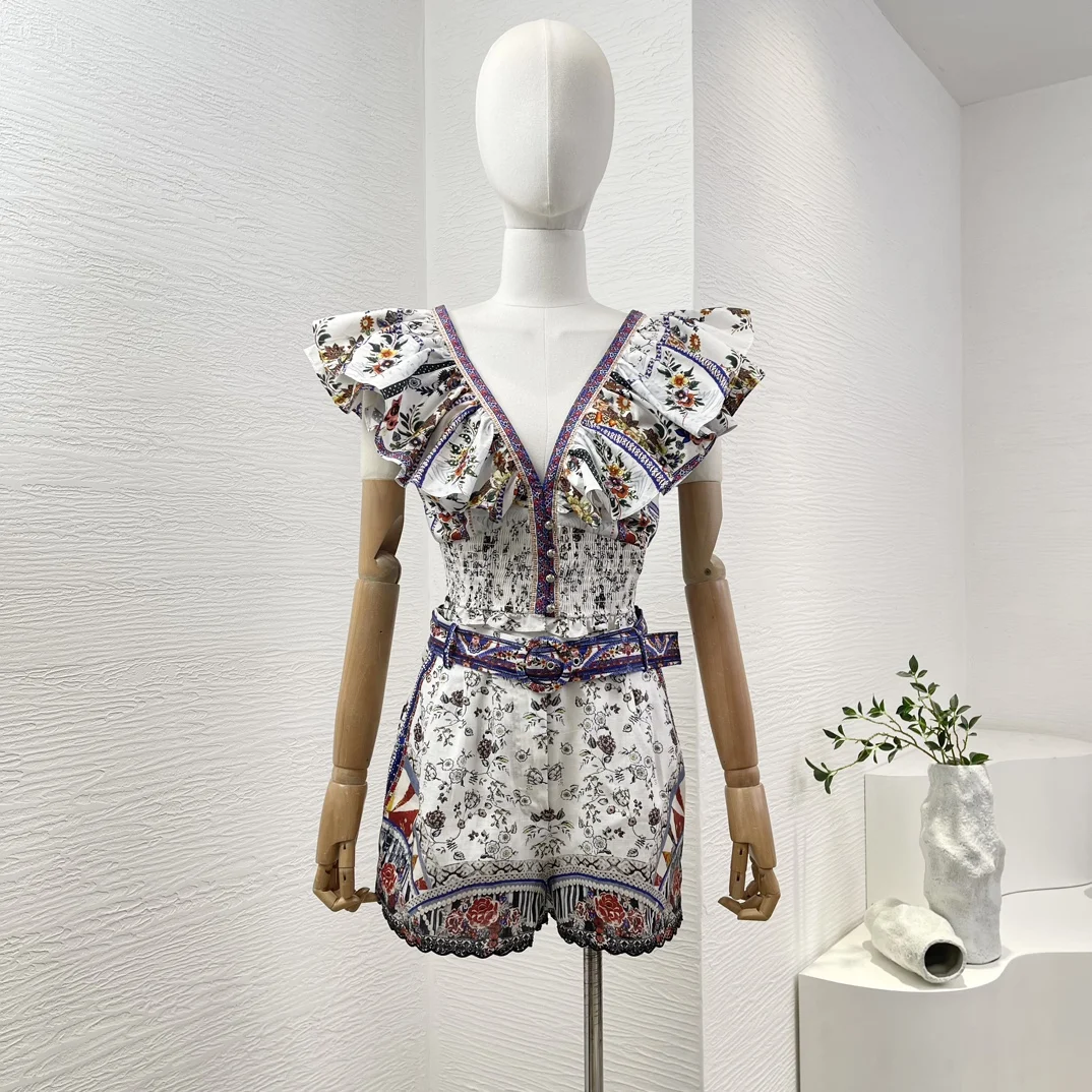 2024 New Photo Color Floral Print Sleeveless Deep V Neck Ruffles Blouse Tops and Shorts Set for Women
2024 New Photo Color Floral Print Sleeveless Deep V Neck Ruffles Blouse Tops and Shorts Set for Women