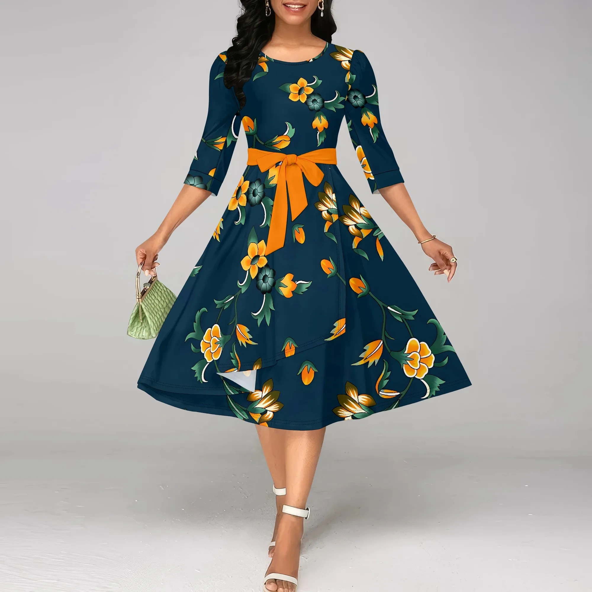 Nupusa Navy Orange Floral Print Dress for Women Regular Size Summer Casual Round Neck 3/4 Sleeve Belted Midi Dress 
Nupusa Navy Orange Floral Print Dress for Women Regular Size Summer Casual Round Neck 3/4 Sleeve Belted Midi Dress