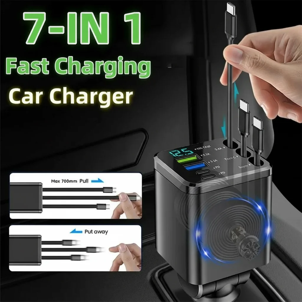 Multi-Port Car Charger 7 in 1 Fast Charger With Retractable Type-C Cable 12V Car Phone Charger For All Phones
Multi-Port Car Charger 7 in 1 Fast Charger With Retractable Type-C Cable 12V Car Phone Charger For All Phones
