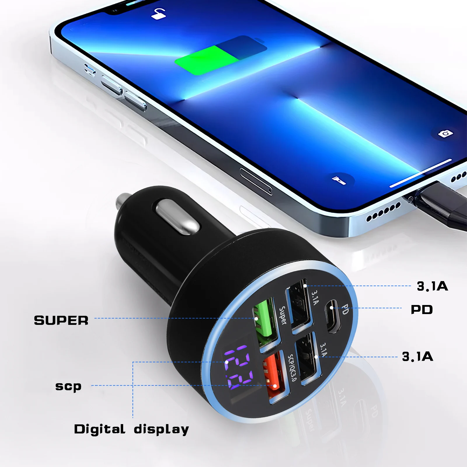 Digital Display Multi-Port Fast Charging Adapter Voltage Monitoring Overheat Protection Compatible with All Car
Digital Display Multi-Port Fast Charging Adapter Voltage Monitoring Overheat Protection Compatible with All Car
