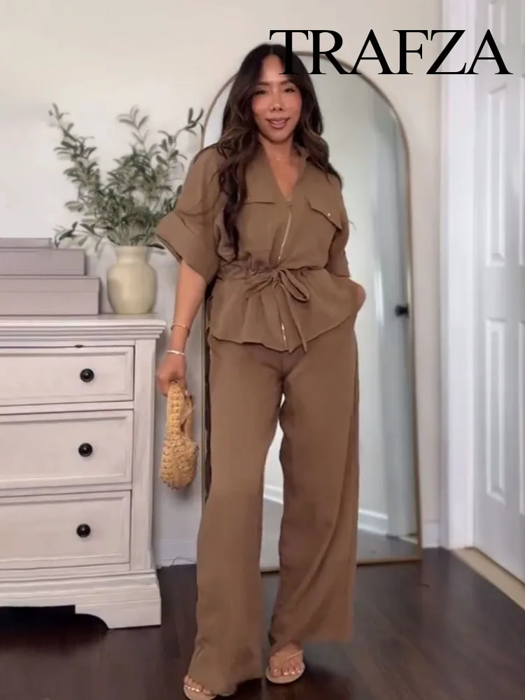 TRAFZA Women Pant Set Solid Turn-Down Collar Short Sleeve Pockets Bow Lace-Up Zipper Shirts+Elastic Waist Long Pant Female Suit
TRAFZA Women Pant Set Solid Turn-Down Collar Short Sleeve Pockets Bow Lace-Up Zipper Shirts+Elastic Waist Long Pant Female Suit