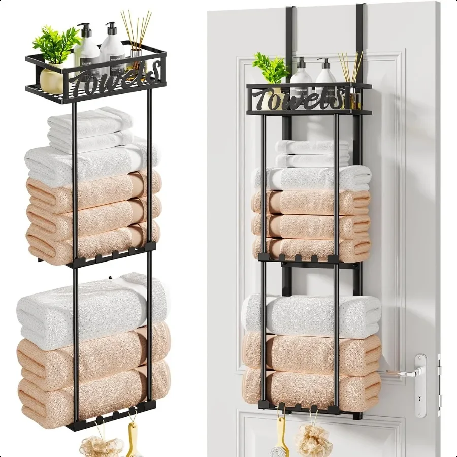 Towel Rack Bathroom Storage 3 Tier Over The Door Wall Mounted Rolled Towel Racks Holder Organizer with Metal Shelf and 6 Hooks
Towel Rack Bathroom Storage 3 Tier Over The Door Wall Mounted Rolled Towel Racks Holder Organizer with Metal Shelf and 6 Hooks