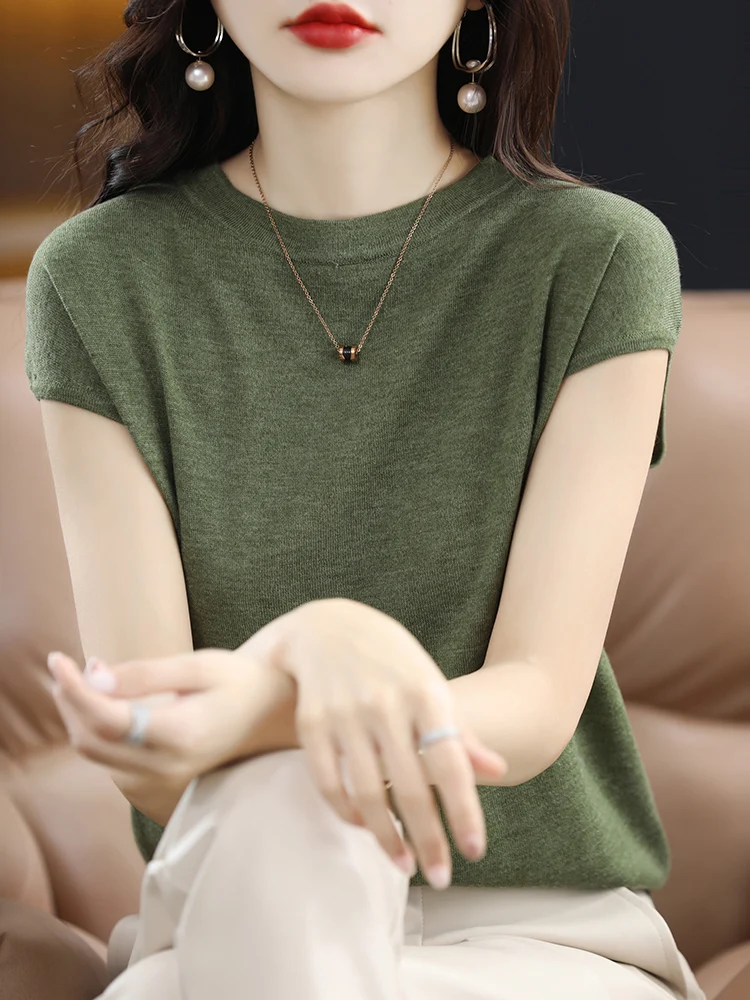 Summer Thin Wool Knitted ort Sve T-irt Women Loose Ice Silk round Ne Svel Inner Wear Color Top
Summer Thin Wool Knitted ort Sve T-irt Women Loose Ice Silk round Ne Svel Inner Wear Color Top