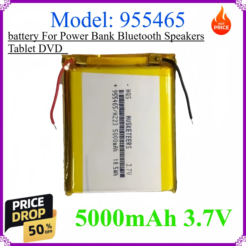 955465 5000mAh 3.7V Lithium polymer Soft package battery For Power Bank Bluetooth Speakers Tablet DVD
955465 5000mAh 3.7V Lithium polymer Soft package battery For Power Bank Bluetooth Speakers Tablet DVD