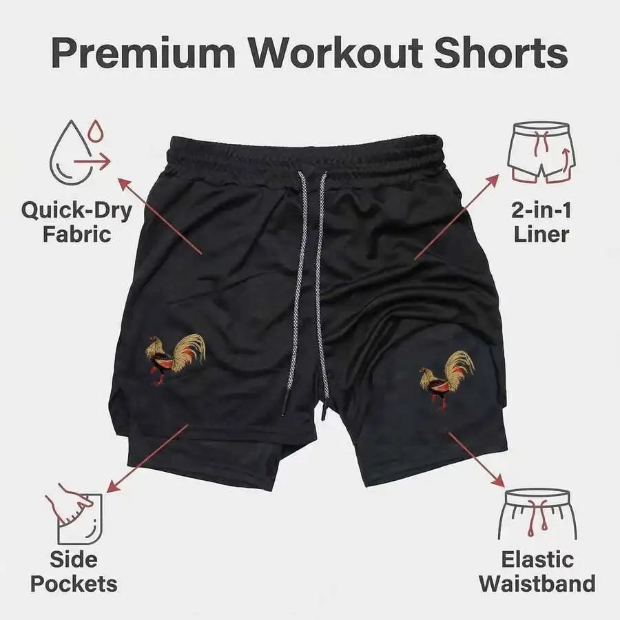 Mens Rooster Print 2-In-1 Quick Dry Sports Shorts With Side Pockets Elastic Waist
Mens Rooster Print 2-In-1 Quick Dry Sports Shorts With Side Pockets Elastic Waist