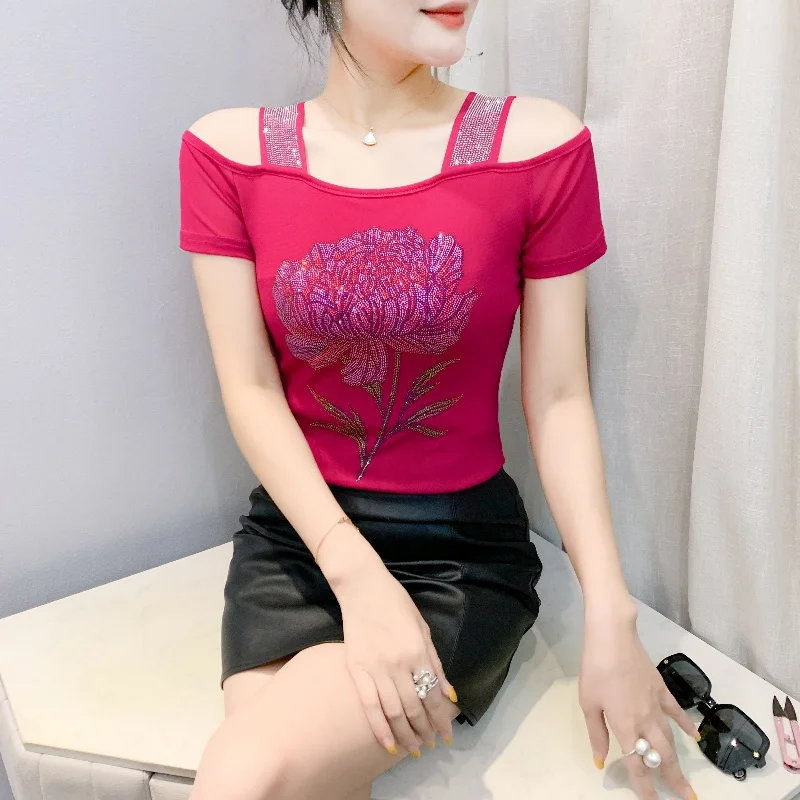 M-3XL Sexy Off Shoulder Shiny Flower Rhinestone Women' T-shirt Summer New Short Sleeve Female Tees Blusas Mujer De Moda
M-3XL Sexy Off Shoulder Shiny Flower Rhinestone Women' T-shirt Summer New Short Sleeve Female Tees Blusas Mujer De Moda