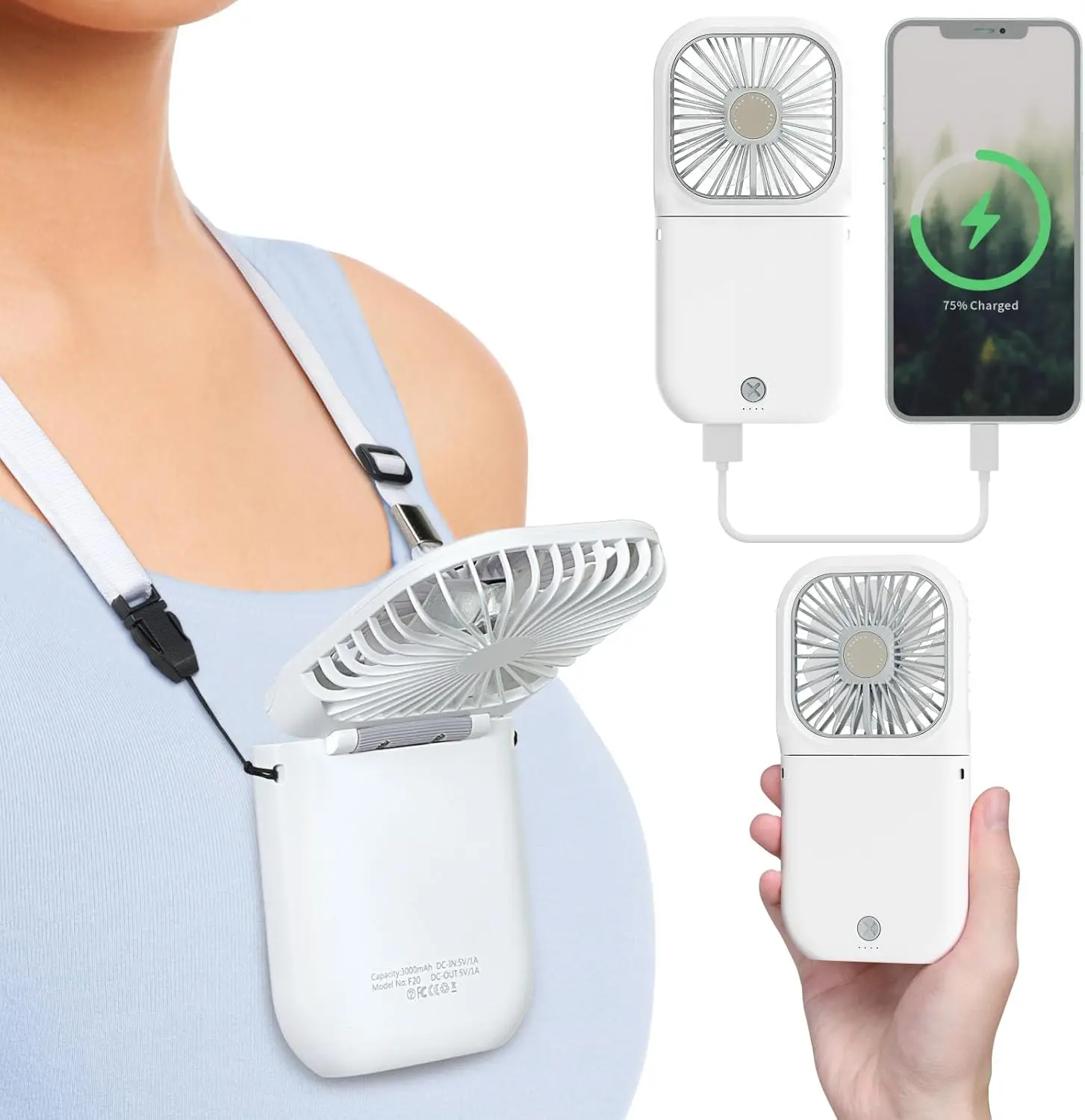 Mini Portable Handheld Fan - Rechargeable, Foldable, 3 Speeds, 3000mAh, Power Bank, Hands-Free, White
Mini Portable Handheld Fan - Rechargeable, Foldable, 3 Speeds, 3000mAh, Power Bank, Hands-Free, White