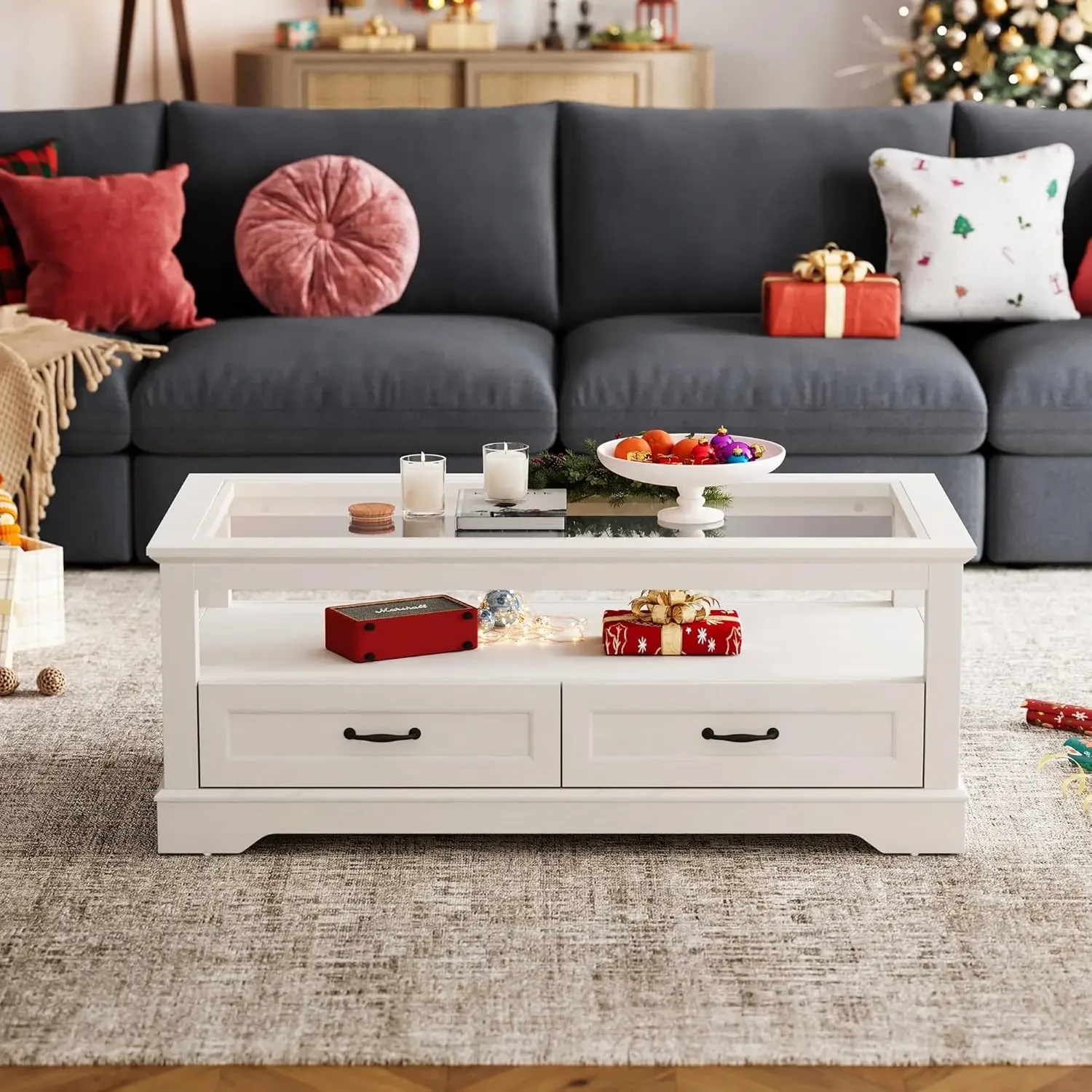 Coffee Table 47" Coffee Table with Glass Tabletop Open Display Area and Storage Drawer Modern Farmhouse Center Table for Living
Coffee Table 47" Coffee Table with Glass Tabletop Open Display Area and Storage Drawer Modern Farmhouse Center Table for Living