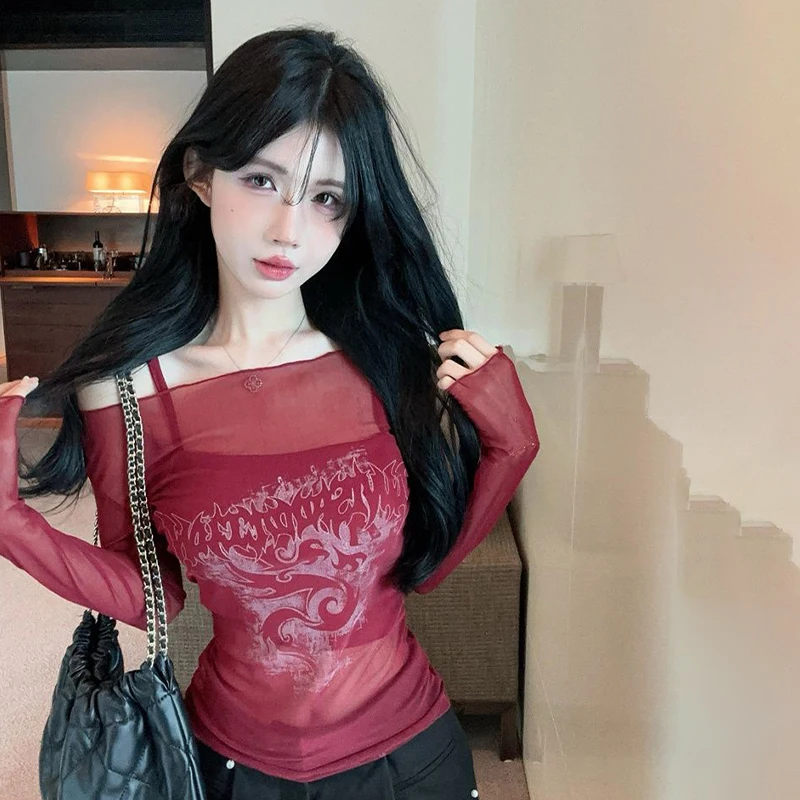 Готическая сексуальная тонкая сетчатая футболка с открытыми плечами и длинными рукавами, летняя женская футболка с принтом в стиле ретро
Готическая сексуальная тонкая сетчатая футболка с открытыми плечами и длинными рукавами, летняя женская футболка с принтом в стиле ретро