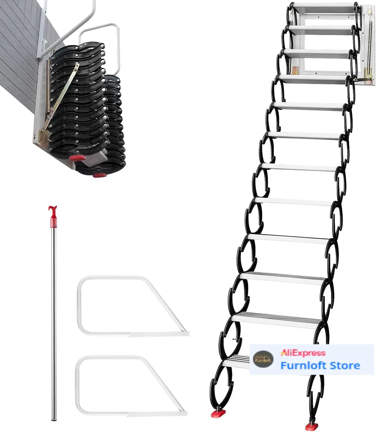 Pull Down Attic Ladder - 12 Steps, Black Folding Stairs with Armrests for Attic Access, Wall-Mounted Retractable Ladder, 9.8
Pull Down Attic Ladder - 12 Steps, Black Folding Stairs with Armrests for Attic Access, Wall-Mounted Retractable Ladder, 9.8
