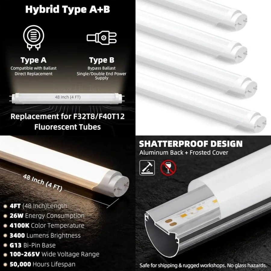 Fluorescent Light Bulbs 48 inch, T8 LED Bulb 4 Feet Type A+B Replacement for F32T8 or F40T12 Tube, 26W 3400LM Cool White, Doubl
Fluorescent Light Bulbs 48 inch, T8 LED Bulb 4 Feet Type A+B Replacement for F32T8 or F40T12 Tube, 26W 3400LM Cool White, Doubl