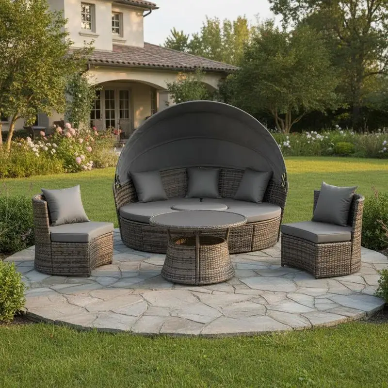 4-Piece Round Convertible Daybed with Cushions, Outdoor PE Rattan Patio Wicker Sofa Set, Sunbed with Adjustable Sun Canopy, Sectional Sofa, 2 Chairs, Table, 3 Pillows, Dark Gray
4-Piece Round Convertible Daybed with Cushions, Outdoor PE Rattan Patio Wicker Sofa Set, Sunbed with Adjustable Sun Canopy, Sectional Sofa, 2 Chairs, Table, 3 Pillows, Dark Gray