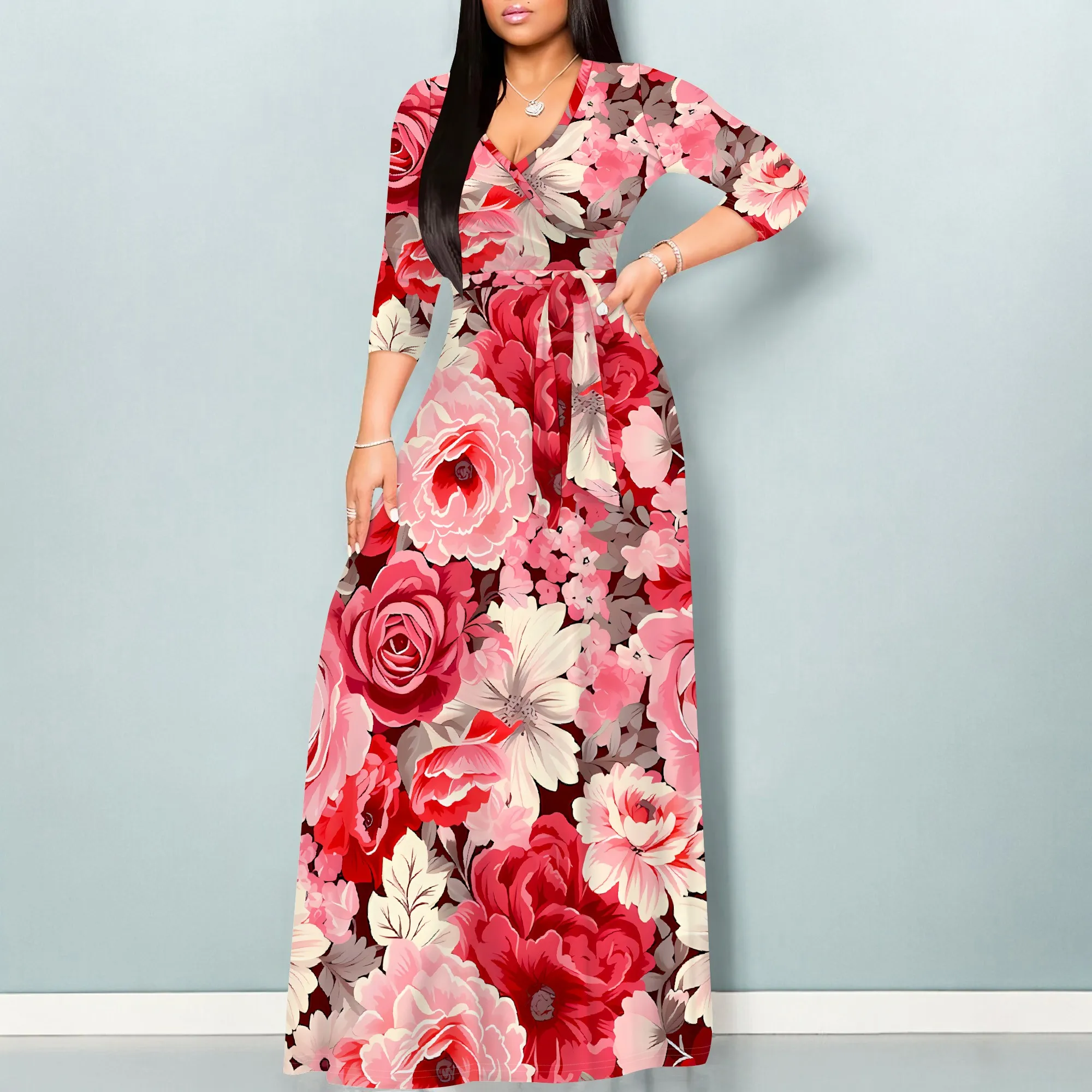Floral Rose V-Neck 3/4 Sleeve Wrap Maxi Dress with Belt - Women's Romantic Elegant Party Evening Resortwear
Floral Rose V-Neck 3/4 Sleeve Wrap Maxi Dress with Belt - Women's Romantic Elegant Party Evening Resortwear