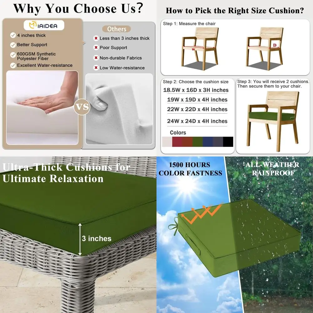 24x24x4 Inch Outdoor Patio Chair Cushions Set of 2, Waterproof Green, with Ties and Handle, 3-Year Fade Resistance, Replacement
24x24x4 Inch Outdoor Patio Chair Cushions Set of 2, Waterproof Green, with Ties and Handle, 3-Year Fade Resistance, Replacement