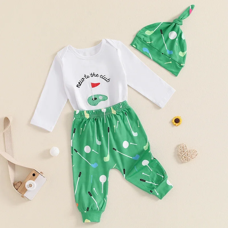 Baby Fall Outfit Letter Embroidery Long Sleeve Romper with Golf Pattern Pants and Hat Set
Baby Fall Outfit Letter Embroidery Long Sleeve Romper with Golf Pattern Pants and Hat Set