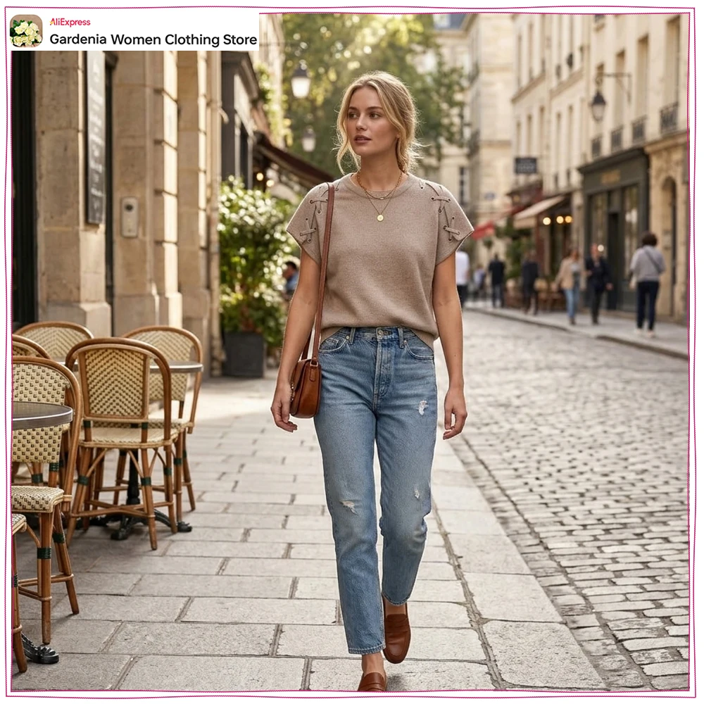 New in Sweet Round Neck Pullovers for Women Casual Short Sleeves Knitwears Stylish Knit Jumpers with Eyelet Detail on Shoulders
New in Sweet Round Neck Pullovers for Women Casual Short Sleeves Knitwears Stylish Knit Jumpers with Eyelet Detail on Shoulders
