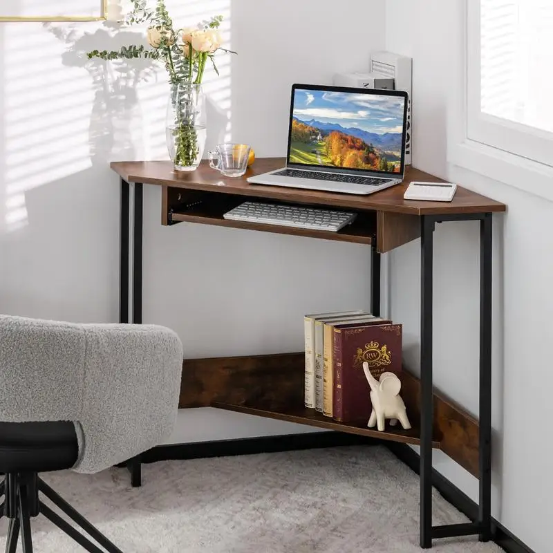 Triangle Corner Desk with Charging Station Keyboard Tray and Storage Shelf-Rustic Brown
Triangle Corner Desk with Charging Station Keyboard Tray and Storage Shelf-Rustic Brown