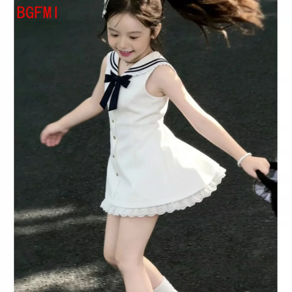 Girls Cotton White Summer Navy Collar Sleeveless Dresses New Girls' Korean College Style Shirt Skirt Big Kid Party Bow Dresses
Girls Cotton White Summer Navy Collar Sleeveless Dresses New Girls' Korean College Style Shirt Skirt Big Kid Party Bow Dresses