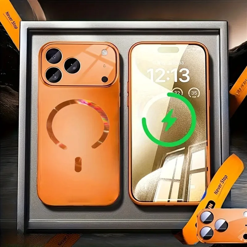 Magnetic case with glass lens protector for iPhone 14/15/16/17 Pro/Max/Plus, soft silicone orange back cover, wireless charging
Magnetic case with glass lens protector for iPhone 14/15/16/17 Pro/Max/Plus, soft silicone orange back cover, wireless charging