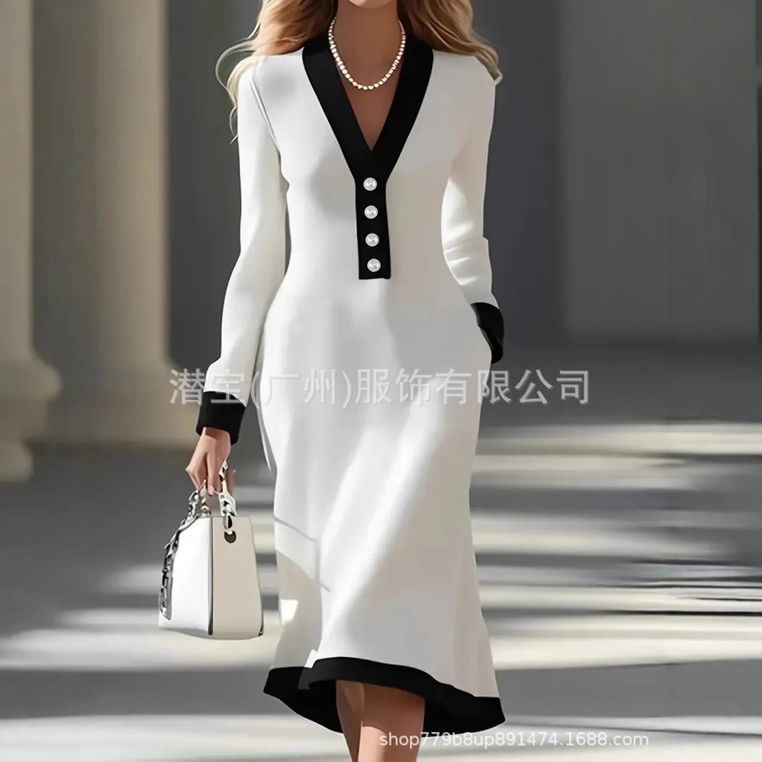 New Women's Knitted Dress V-neck Button-down Long-sleeved Color-blocked Fashion Elegant Office Pocket Date Midi Skirt
New Women's Knitted Dress V-neck Button-down Long-sleeved Color-blocked Fashion Elegant Office Pocket Date Midi Skirt