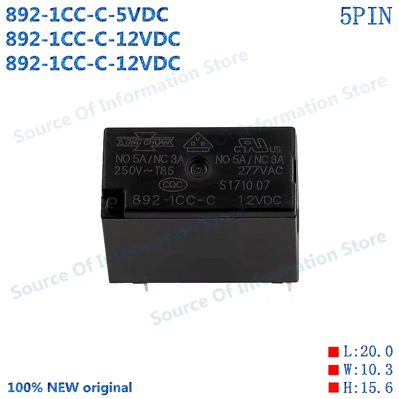 10Pcs 892-1CC-C 5Pin 5A Relay 5VDC 12VDC 24VDC Voltage Control Module for Electronic Components
10Pcs 892-1CC-C 5Pin 5A Relay 5VDC 12VDC 24VDC Voltage Control Module for Electronic Components