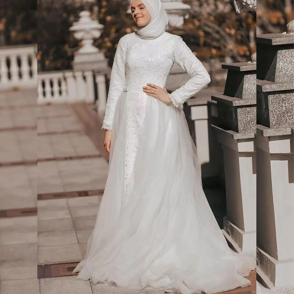Church Wedding Dresses High Neck Long Sleeve Muslim Bride Dress with Hijab Lace A-Line Bridal Gown Vestidos De Novia Customized
Church Wedding Dresses High Neck Long Sleeve Muslim Bride Dress with Hijab Lace A-Line Bridal Gown Vestidos De Novia Customized
