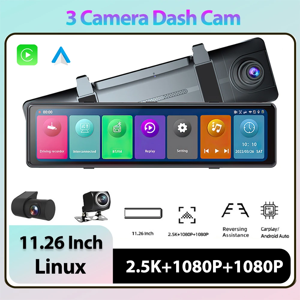 3 Camera Dash Cam 2.5K Car Rearview Mirror 11.26 Inch Carplay & Android Auto Video Recording Night Vision 24H PAK Navigation AUX
3 Camera Dash Cam 2.5K Car Rearview Mirror 11.26 Inch Carplay & Android Auto Video Recording Night Vision 24H PAK Navigation AUX
