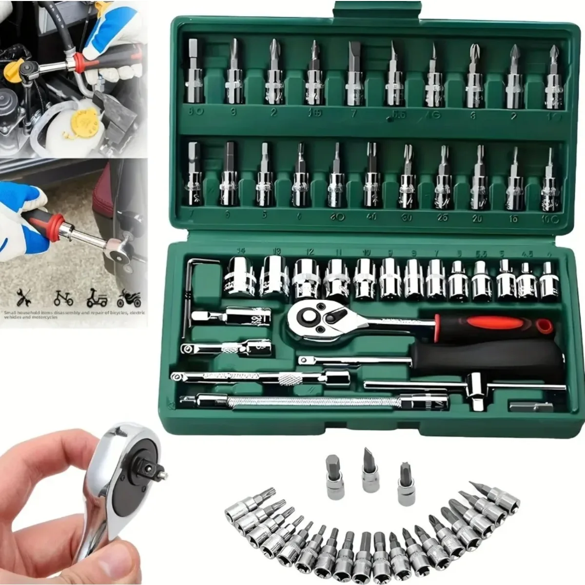HOT 46Pcs Drive Socket Set Metric and SAE Hex Bit Sockets with Ratchet Wrench for Auto Repair and Household Family Tools
HOT 46Pcs Drive Socket Set Metric and SAE Hex Bit Sockets with Ratchet Wrench for Auto Repair and Household Family Tools