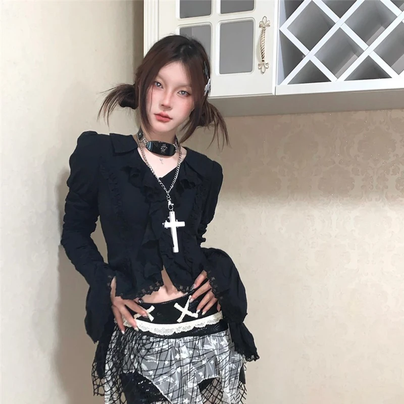 MEXZT Y2K Необычные черные рубашки женские Harajuku винтажные кружевные лоскутные блузки летние готические эстетические расклешенные топы с длинными рукавами
MEXZT Y2K Необычные черные рубашки женские Harajuku винтажные кружевные лоскутные блузки летние готические эстетические расклешенные топы с длинными рукавами