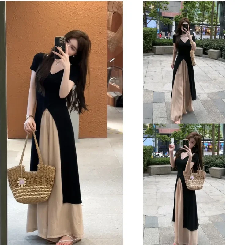 Fashionable Black V-neck Split Short Sleeved Slim Fitting Women's Shirt Set Summer High Street High Waisted Loose Half Skirt Set
Fashionable Black V-neck Split Short Sleeved Slim Fitting Women's Shirt Set Summer High Street High Waisted Loose Half Skirt Set