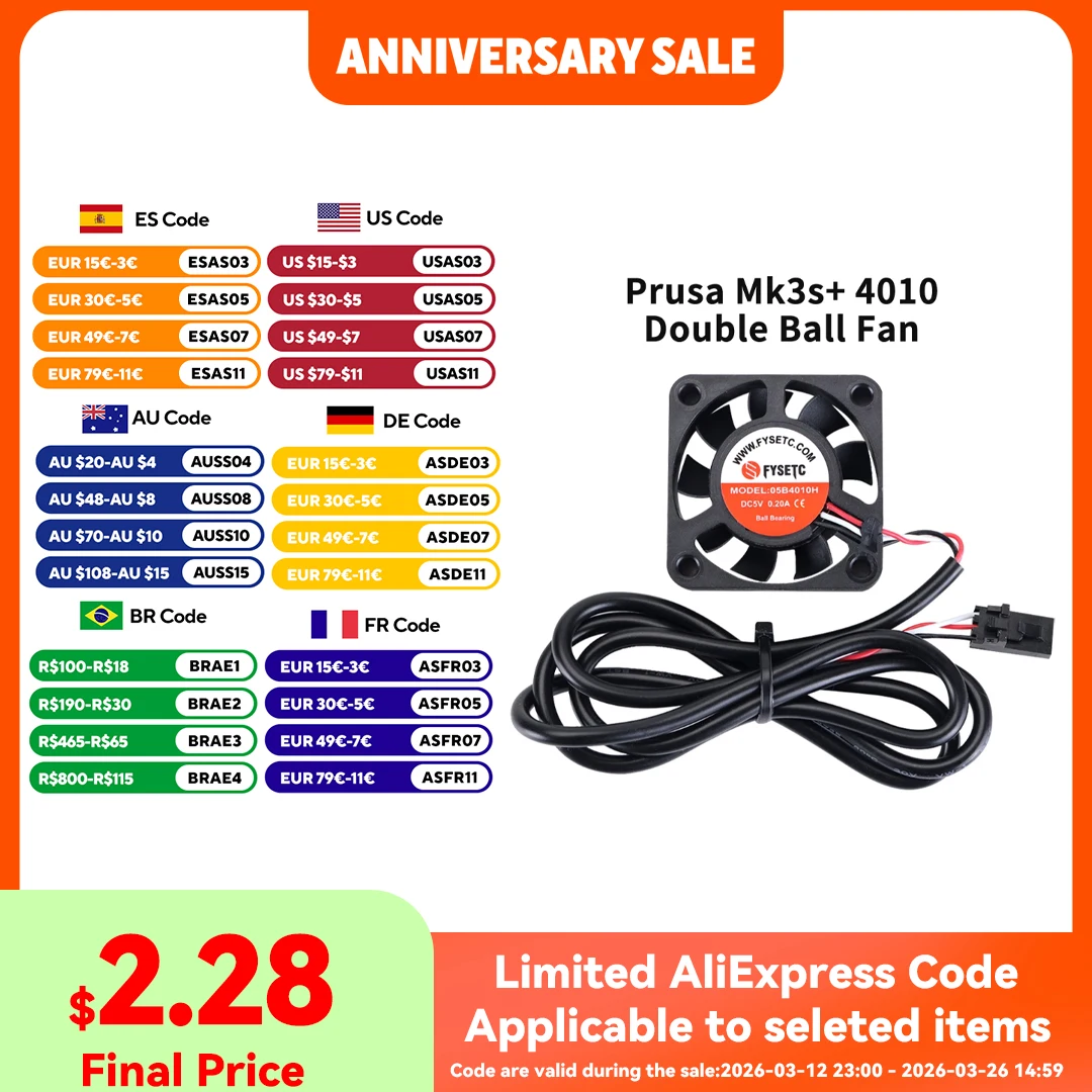 Prusa i3 MK3 MK3S+ Fan 3D Printer Parts 4010 Cooling Fan Ball Bearing Fan 5V 40*40*10 Super Silent Cool Fan Cooler Radiator
Prusa i3 MK3 MK3S+ Fan 3D Printer Parts 4010 Cooling Fan Ball Bearing Fan 5V 40*40*10 Super Silent Cool Fan Cooler Radiator