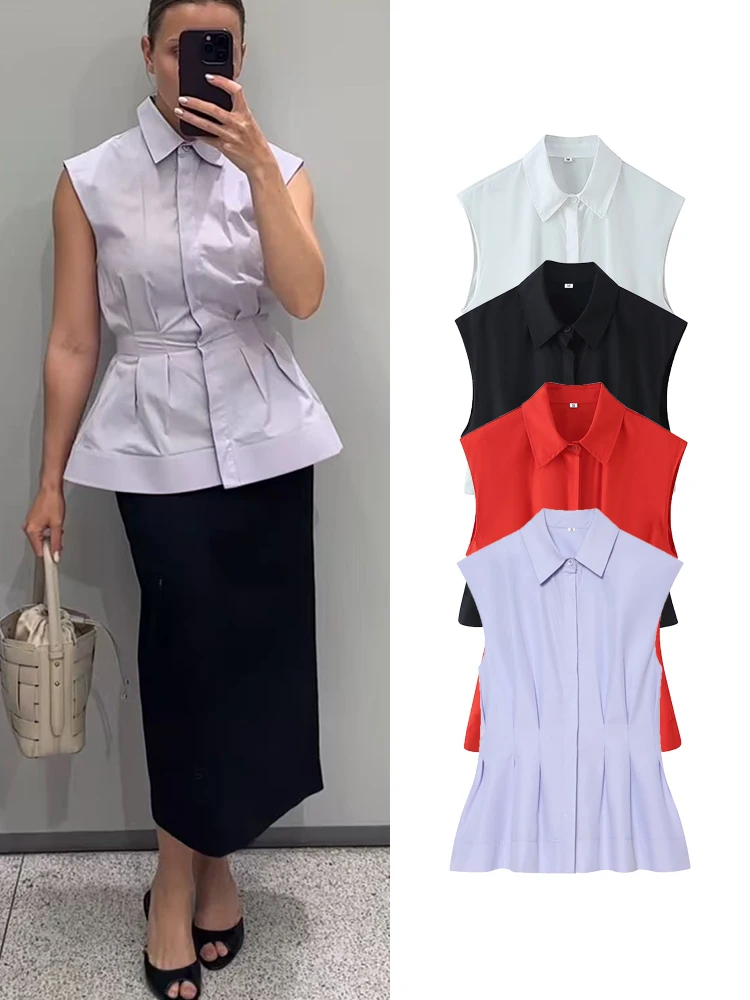 TFMLN Summer Women Sleeveless Shirt Fashionable Style Elegant Pleated Waist Lapel Button Up Slim Blouse Daily Commuter Outfit
TFMLN Summer Women Sleeveless Shirt Fashionable Style Elegant Pleated Waist Lapel Button Up Slim Blouse Daily Commuter Outfit