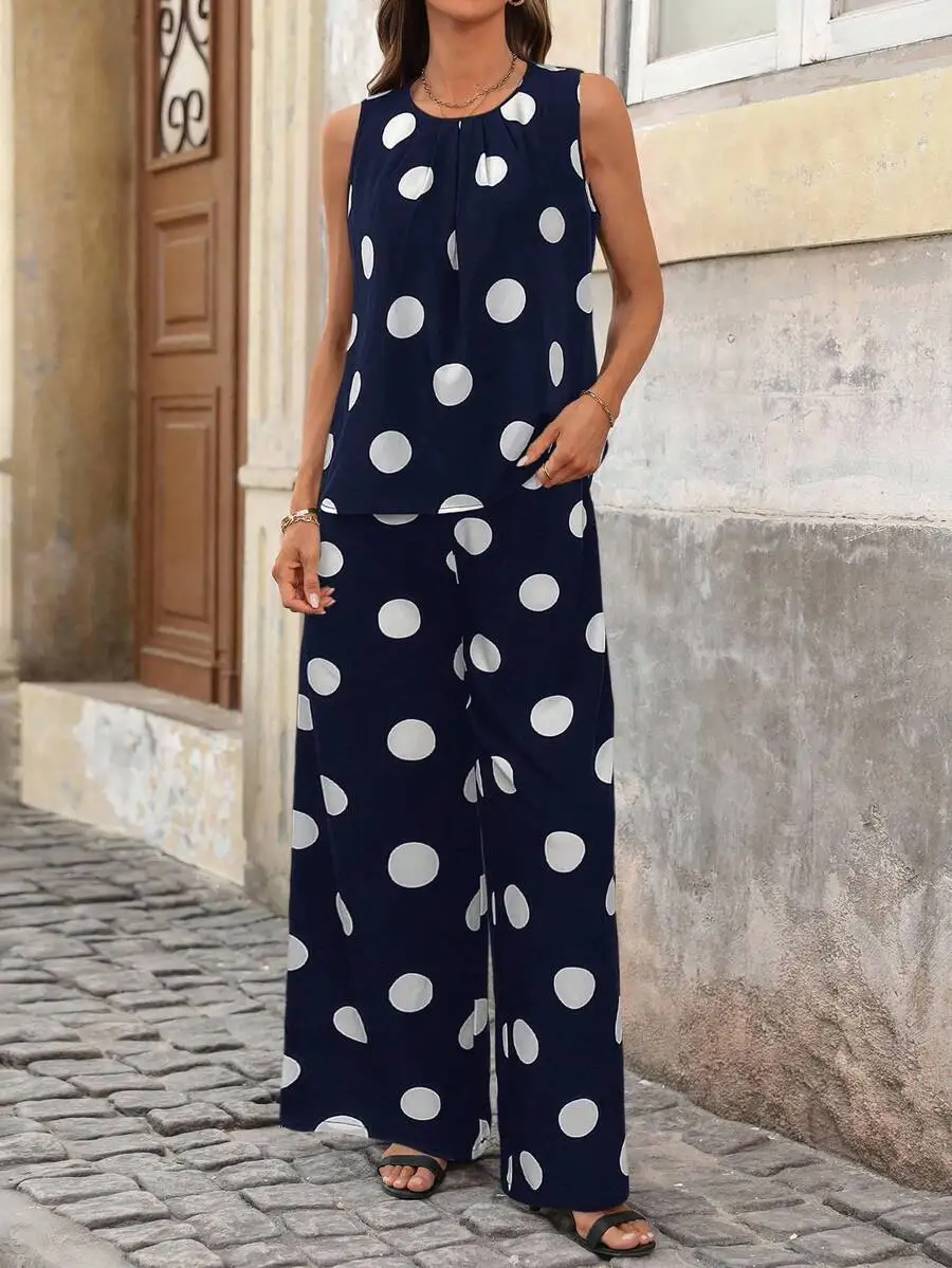 Womens Sleeveless Round Neck Loose Polka Dot Pleated Wide Leg Pants Set Spring Summer
Womens Sleeveless Round Neck Loose Polka Dot Pleated Wide Leg Pants Set Spring Summer