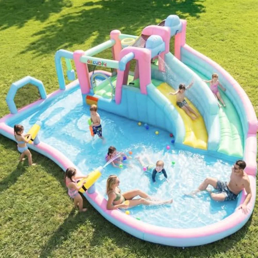 Outdoor inflatable water slides for backyard summer fun: double-slide bounce house water park with jump area large splash pool
Outdoor inflatable water slides for backyard summer fun: double-slide bounce house water park with jump area large splash pool