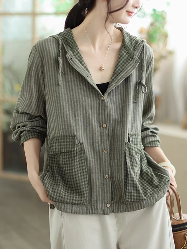 100% Cotton Women Long Sleeve Hooded Shirt New Arrival 2025 Autumn Simple Style Vintage Plaid Female Casual Tops Shirts T707
100% Cotton Women Long Sleeve Hooded Shirt New Arrival 2025 Autumn Simple Style Vintage Plaid Female Casual Tops Shirts T707