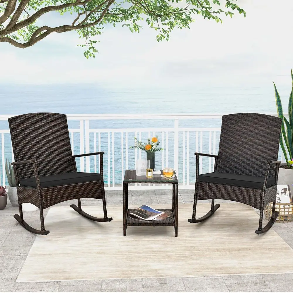 3 Pieces Patio Rocking Bistro Set, Outdoor Wicker Rocking Chairs with Cushions, Glass Coffee Table, Rattan Conversation Furnitu
3 Pieces Patio Rocking Bistro Set, Outdoor Wicker Rocking Chairs with Cushions, Glass Coffee Table, Rattan Conversation Furnitu