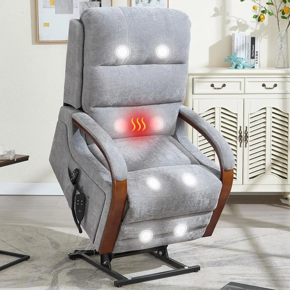 Dual Motor Reclining Chair with Vibration Massage, Heat and Solid Wood Arms for Elderly Comfort in Gray Chenille Fabric
Dual Motor Reclining Chair with Vibration Massage, Heat and Solid Wood Arms for Elderly Comfort in Gray Chenille Fabric