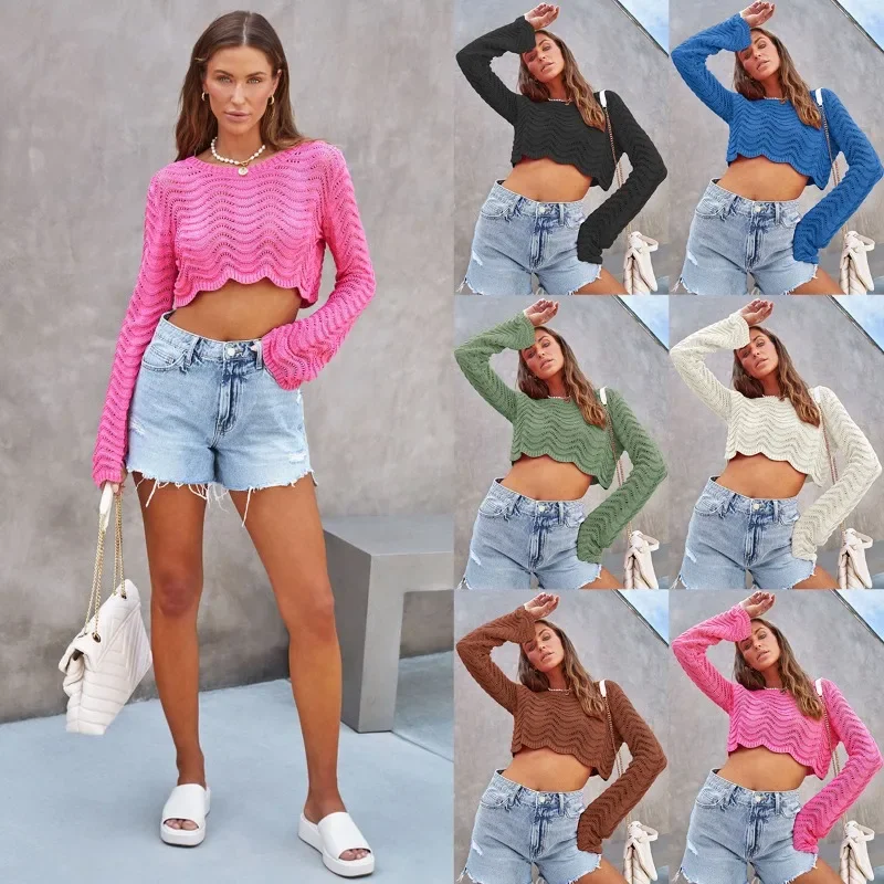 Spring and Autumn Europe and America Fashion Solid Color Hollow Wave Pattern Short Pullover Knitted Sweater for Women SFC2-3
Spring and Autumn Europe and America Fashion Solid Color Hollow Wave Pattern Short Pullover Knitted Sweater for Women SFC2-3