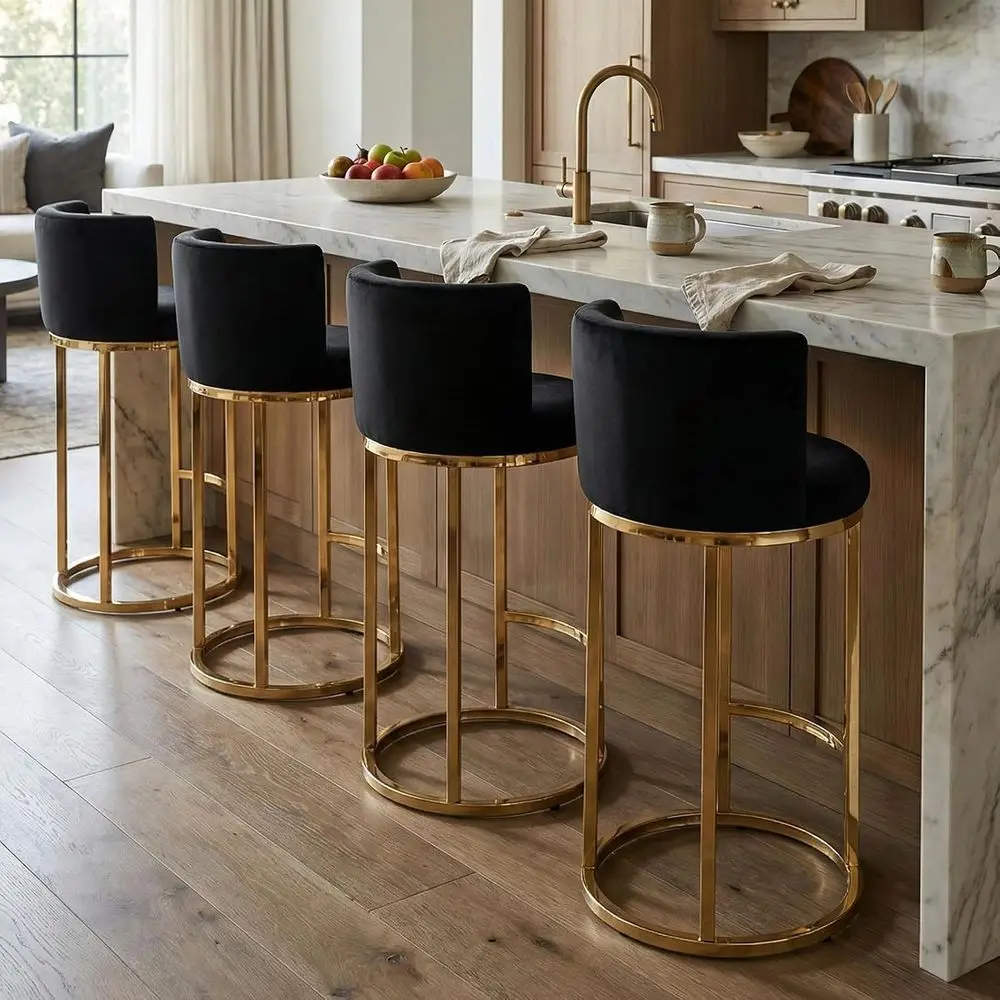 Set of 4, 26 Velvet-Upholstered Counter Height Bar Stools with Backrest, Gold Metal Base, Black
Set of 4, 26 Velvet-Upholstered Counter Height Bar Stools with Backrest, Gold Metal Base, Black