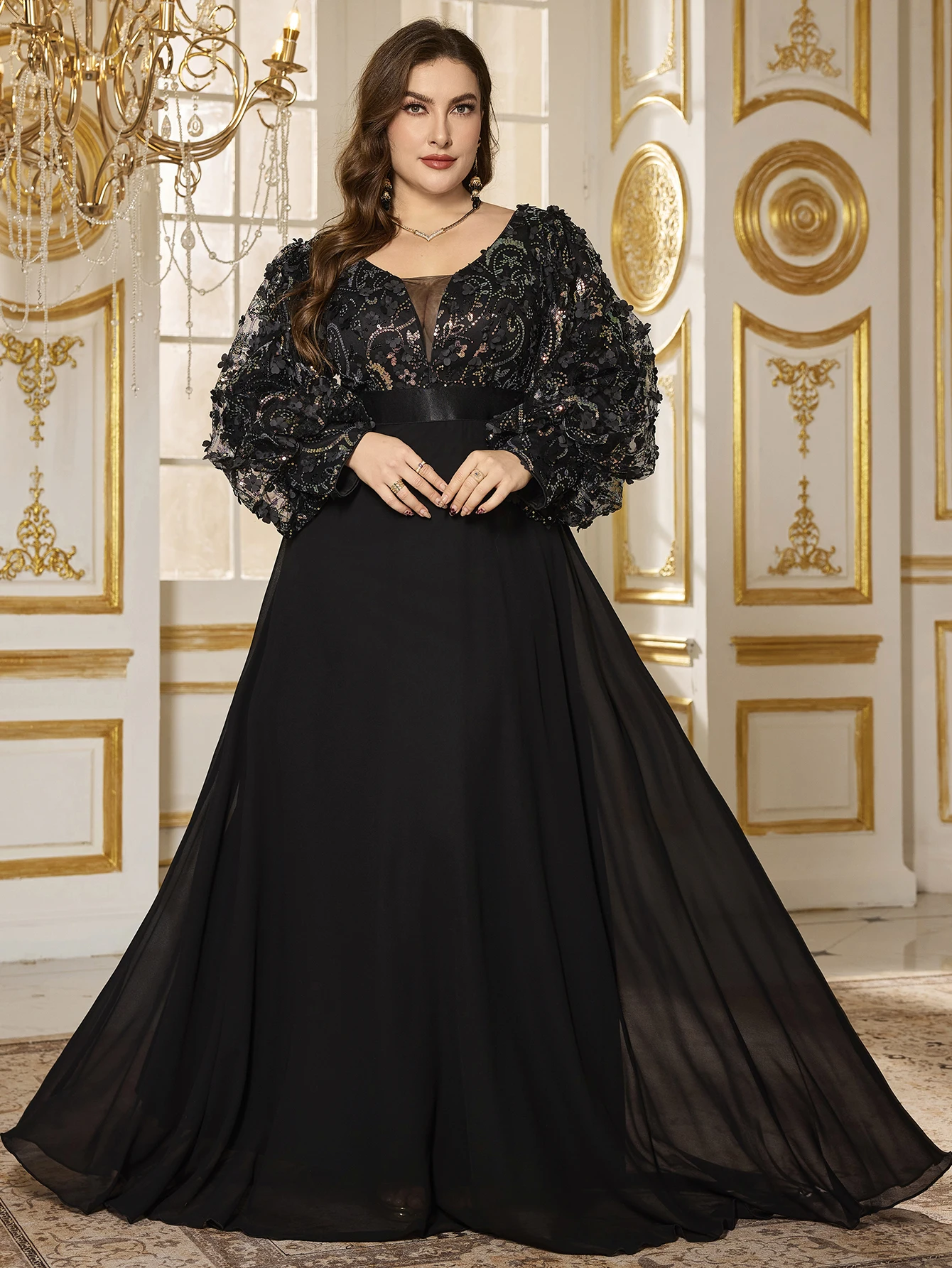 UNITHORSE Plus Size V-Neck Lantern Sleeve Sequin Floral Chiffon Dress, A-Line Evening Gown (Assorted Floral)
UNITHORSE Plus Size V-Neck Lantern Sleeve Sequin Floral Chiffon Dress, A-Line Evening Gown (Assorted Floral)