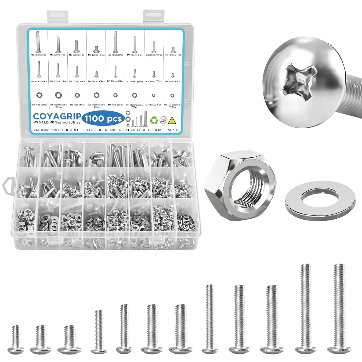 1100PCS Nuts and Bolts Assortment Kit, M3 M4 M5 M6 Phillips Head Machine Screws with Storage Case, Metric Bolts Nuts and Flat
1100PCS Nuts and Bolts Assortment Kit, M3 M4 M5 M6 Phillips Head Machine Screws with Storage Case, Metric Bolts Nuts and Flat